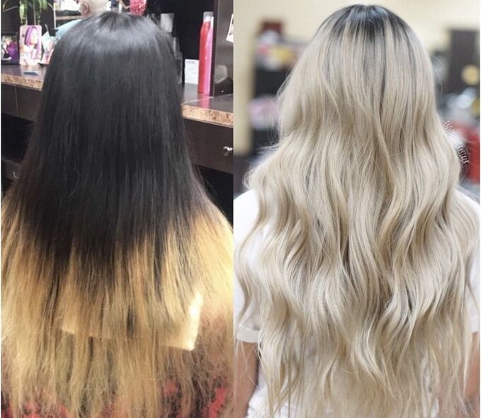 Before-and-after comparison showing grown-out dark hair with brassy ends corrected to an even, cool-toned platinum blonde with soft waves.