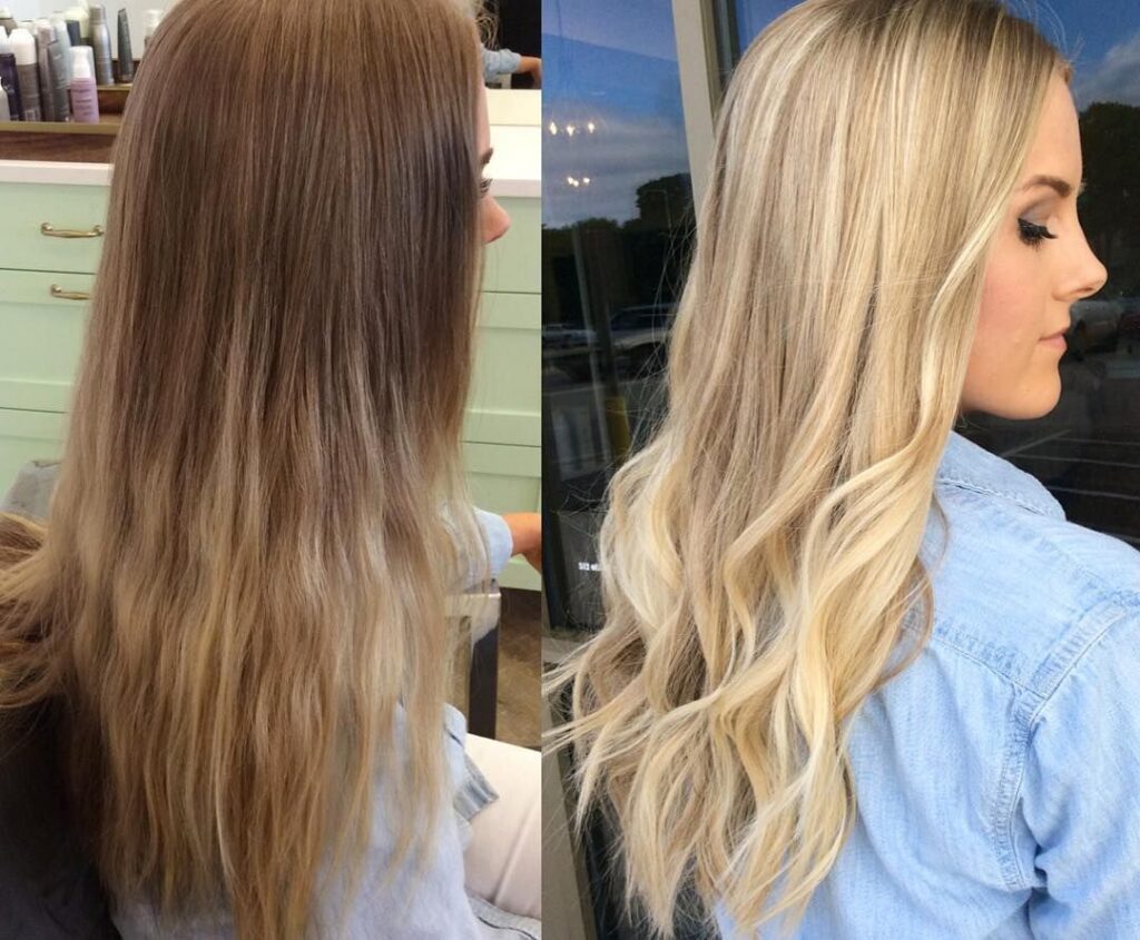 Before-and-after comparison showing light brown hair updated to bright, warm blonde baby lights styled in loose curls.