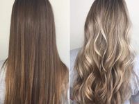 Before-and-after comparison showing straight, medium-brown hair transformed into wavy, ash blonde balayage hair.